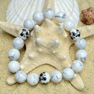 Beaded bracelet - white and gray marbelized stone beads with floral accent beads